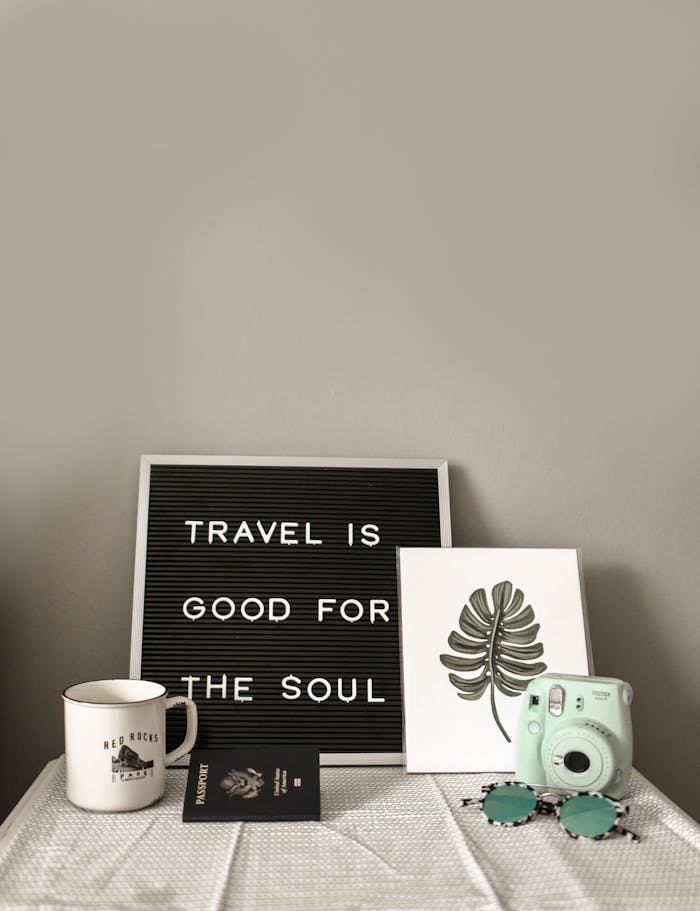 creative-01 A travel-themed flat lay with a camera, coffee, and motivational quote.